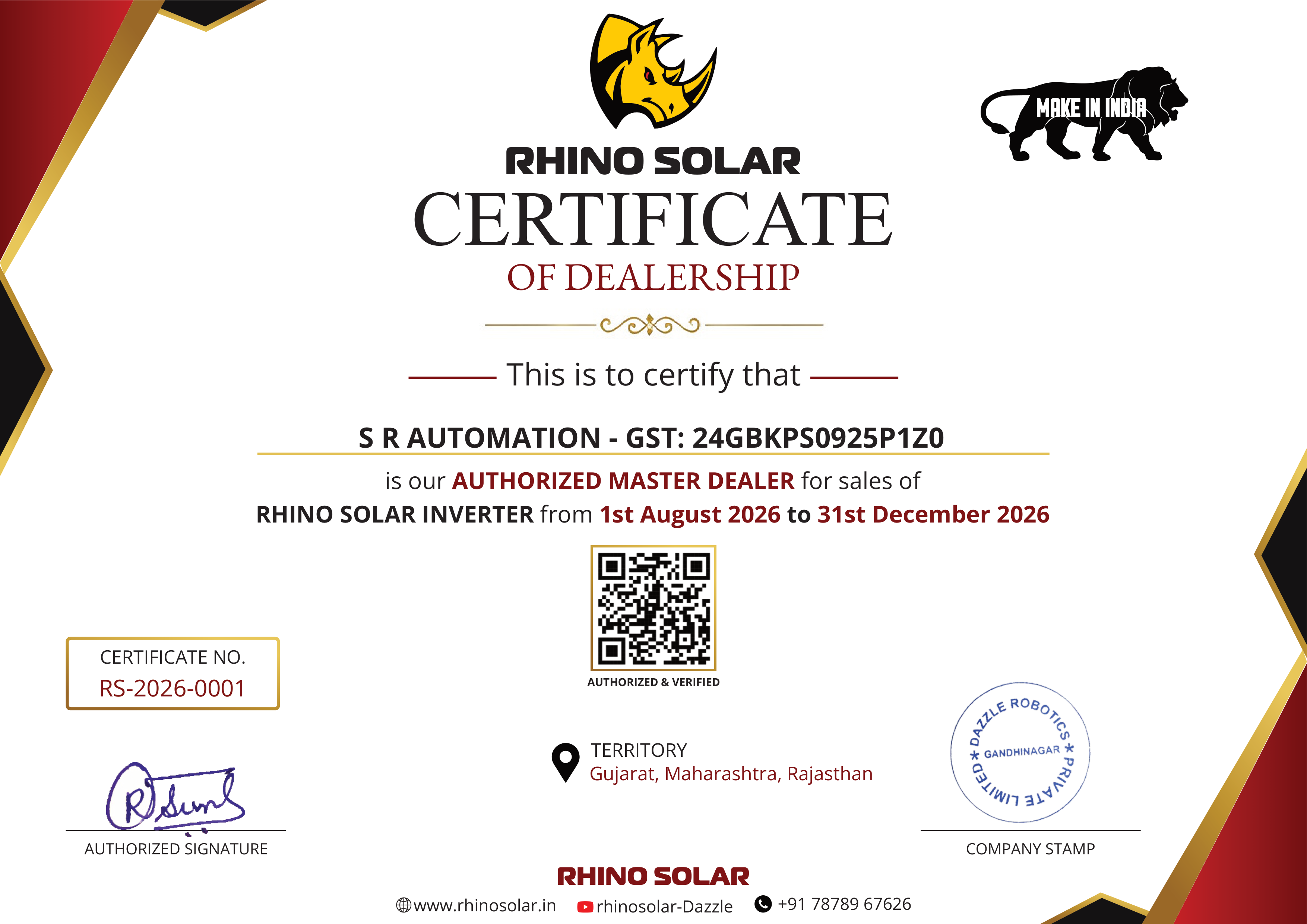 Rhino Solar Dealership Certificate for SR Automation